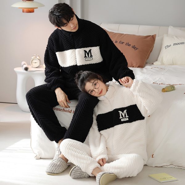 Flannel Couple Pajamas Men's Autumn And Winter Thickened Keep Warm New Zipper Cardigan Cute Coral Fleece Homewear - Image 10