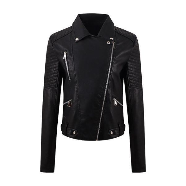 PU Women's Short Leather Oblique Pull Slim Motorcycle Clothing Washed Leather Jacket - Image 3