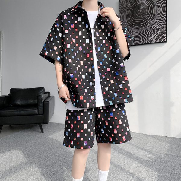 Summer New Chessboard Plaid Shirt Short Sleeve Shorts Suit - Image 9