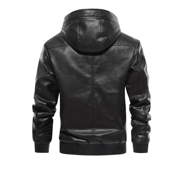 Winter Fleece-lined Men's Casual All-matching Hooded Leather Coat Coat - Image 2