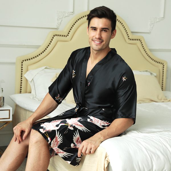 Mid-length Printed Artificial Silk Nightgown Men's Groom Best Man Morning Gowns Sexy Pajamas - Image 3