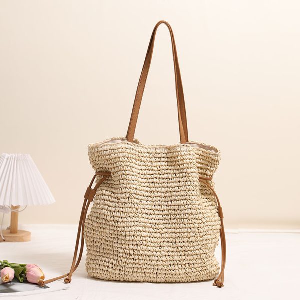 Large Capacity Straw Bag Drawstring Hand-carrying Knitting Shoulder Bag - Image 3