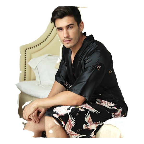 Mid-length Printed Artificial Silk Nightgown Men's Groom Best Man Morning Gowns Sexy Pajamas - Image 5