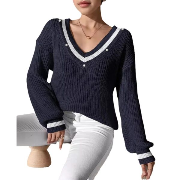 Deep V-neck Off-shoulder Handmade Pearl Decorative Contrast Color Knitted Pullover Sweater - Image 5