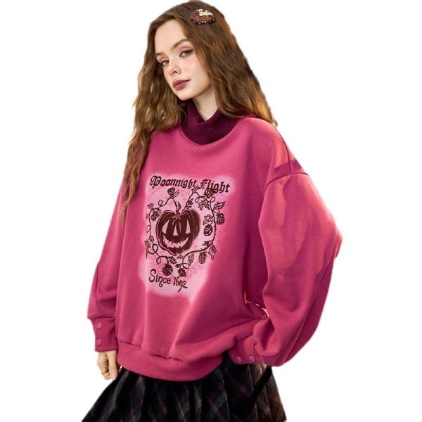 Retro American Fleece Printed Fake Two Pieces Loose Sweater Women - Image 4