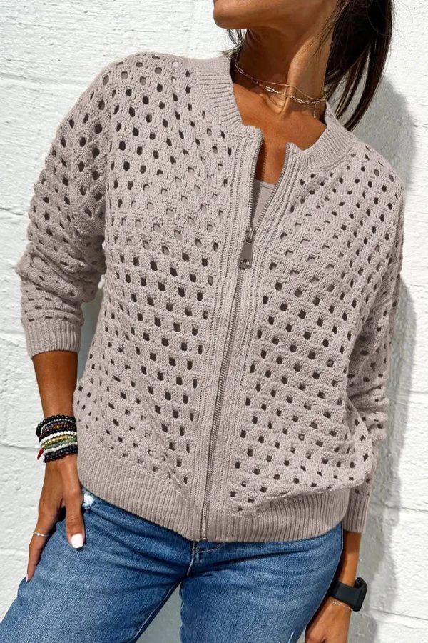 European And American Leisure Hollow Knitted Zipper Jacket Women's Coat - Image 7