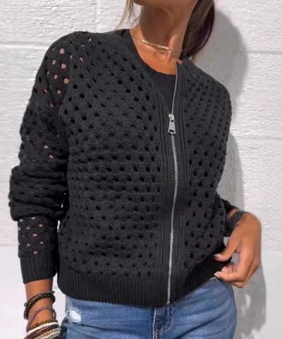 European And American Leisure Hollow Knitted Zipper Jacket Women’s Coat