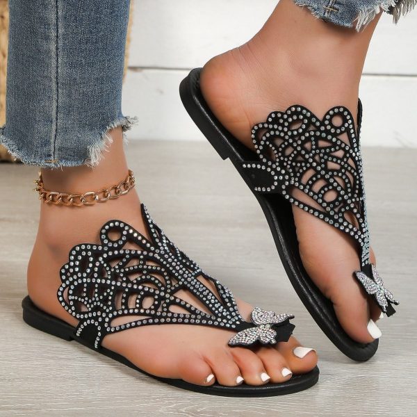 Slip-on Flip-toe Sandals Women's Rhinestone Hollow Flat-heeled Slippers - Image 3