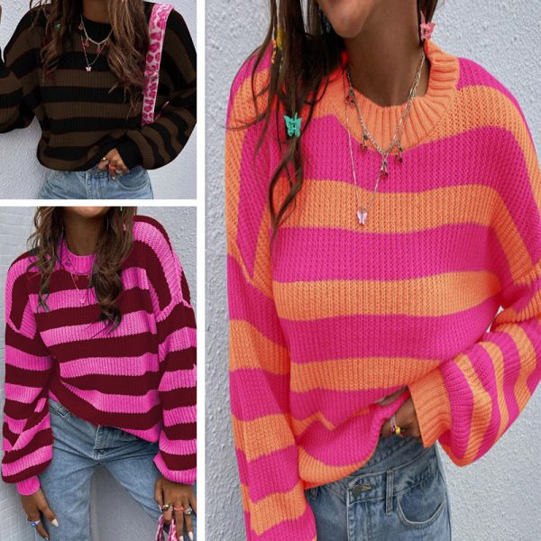 Autumn And Winter New Contrast Color Loose Shoulder Striped Pullover Sweater - Image 2