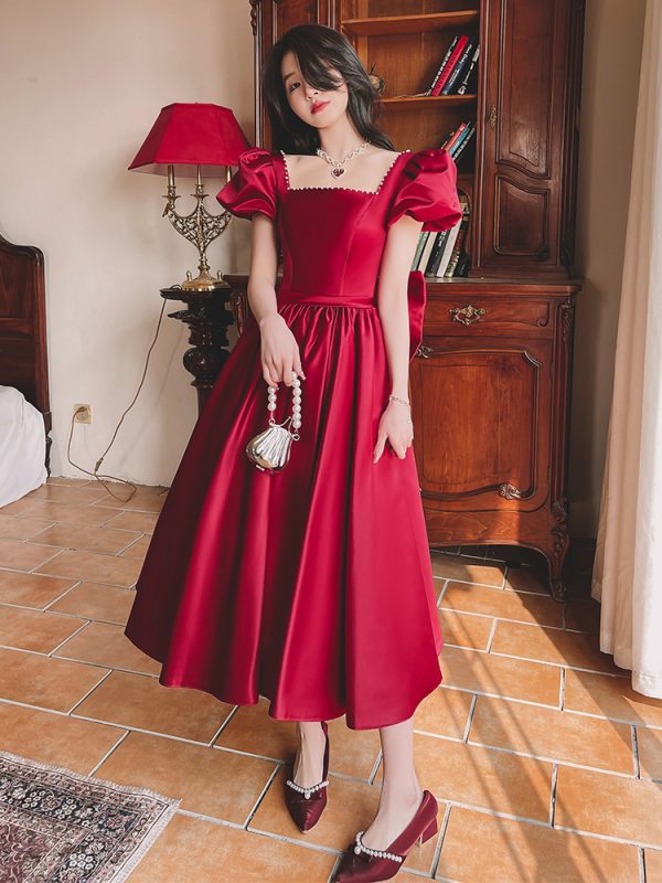 Winter Wine Red Engagement Daily French Princess On The Run Satin Dress - Image 8