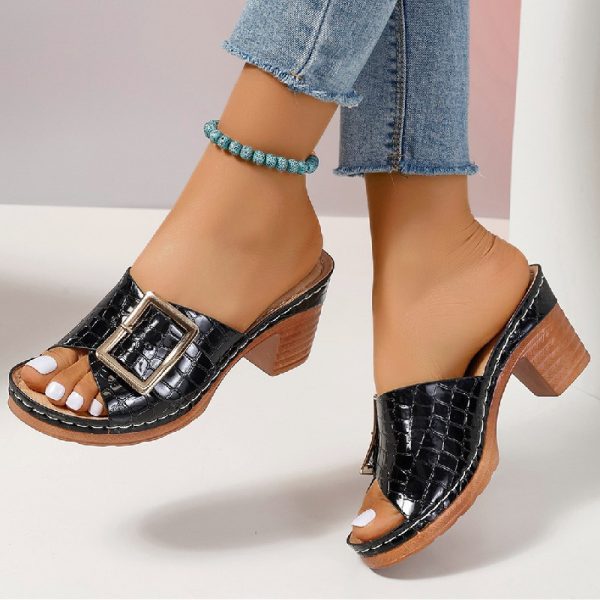 Fashion Crocodile-textured Buckle Sandals Square Chunky Heel Peep-toe Slides Slippers Women Shoes - Image 3