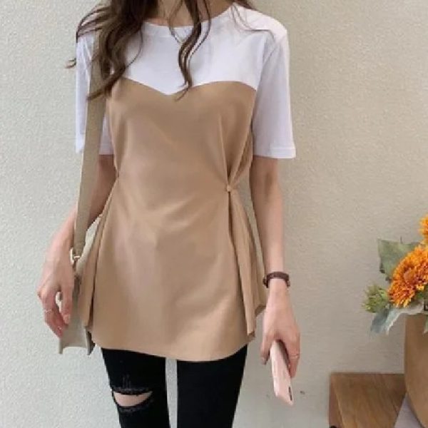 All-matching Graceful Fake Two-piece Mid-length Short-sleeved T-shirt - Image 6