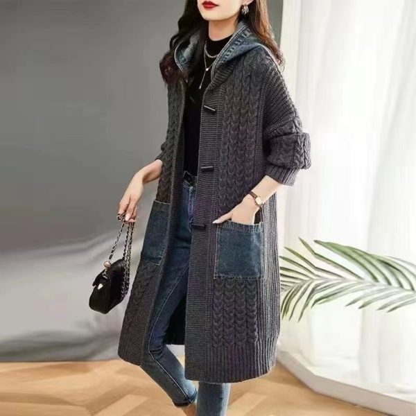 Spring And Autumn Cardigan Mid-length Loose Western Style Outer Wear Hooded Knitted Top