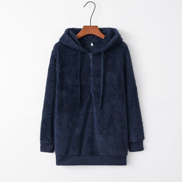 European And American Long Sleeve Hooded Solid Color Women's Fleece Pullover Coat - Image 7