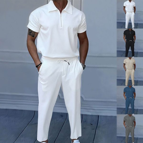 Men's Clothing Solid Color Polo Collar Short Sleeve Trousers Suit