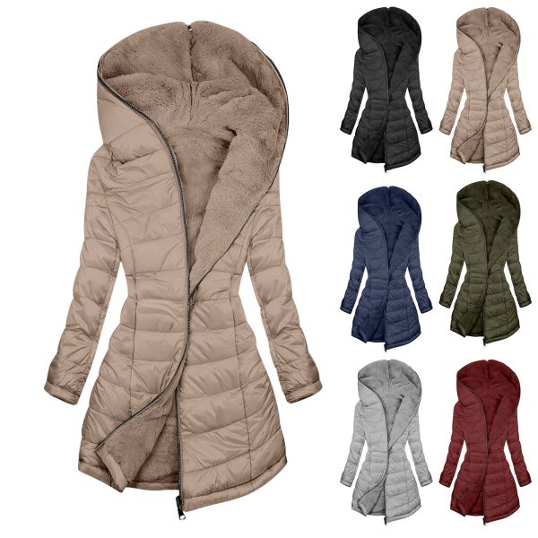 European And American Zipper Outer Wear Hooded Warm Fleece-lined Mid-length Winter Women's Coat