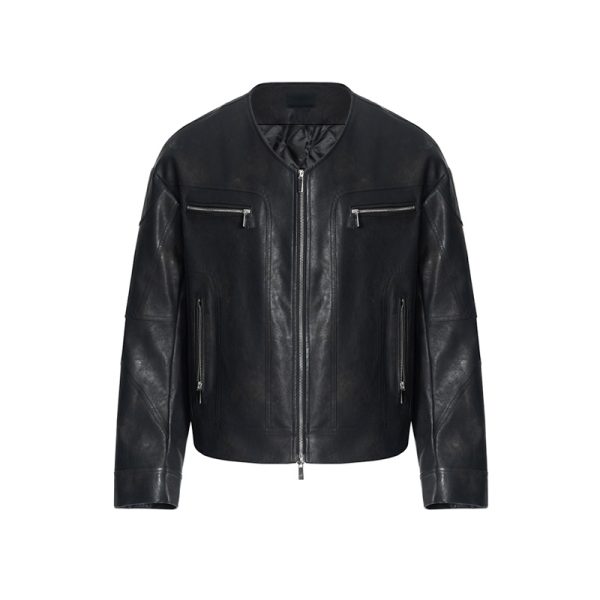 Niche V-neck Zipper Design Leather Coat For Men - Image 4