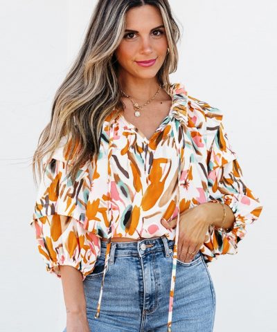 European And American Fashion Colorblock Printed V-neck Chiffon Shirt Women