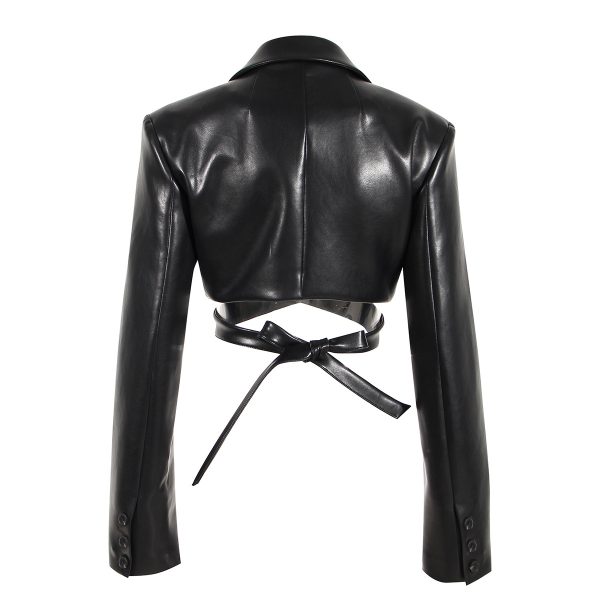 Full Open Cross Lace-up Waist-controlled Chest-flattering Long Sleeve PU Leather Short Coat - Image 10