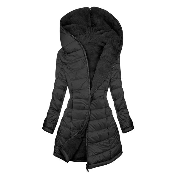 European And American Zipper Outer Wear Hooded Warm Fleece-lined Mid-length Winter Women's Coat - Image 9