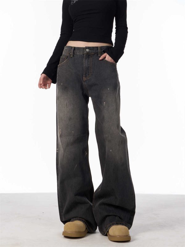 Retro Washed Splash-ink Straight Jeans For Women Loose Straight Trousers - Image 6