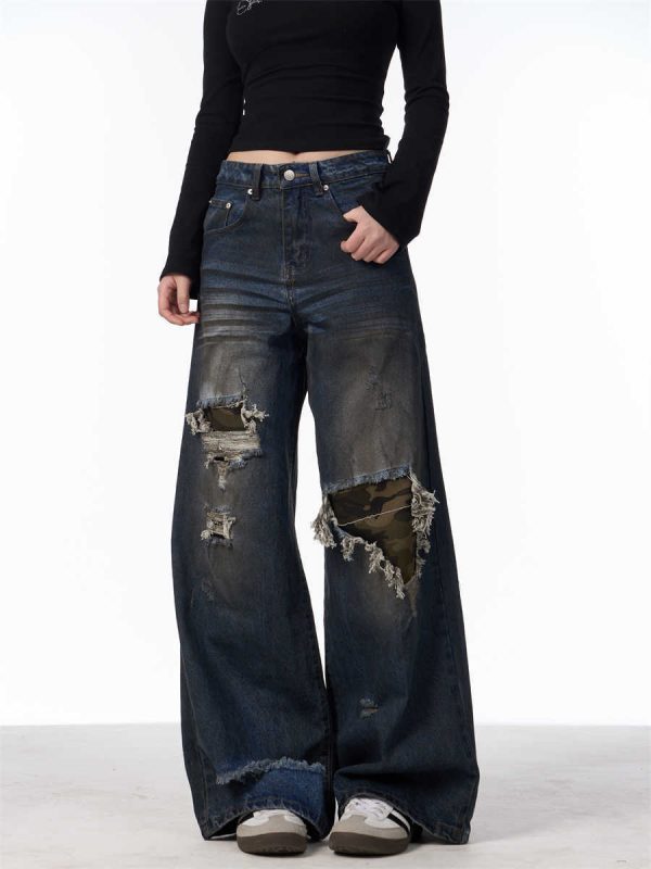 Distressed Camouflage Patch Ripped Jeans Women Loose Straight-leg Wide-leg Pants - Image 4