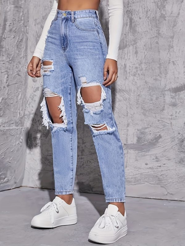 Casual High Waist Ripped Denim Trousers - Image 4