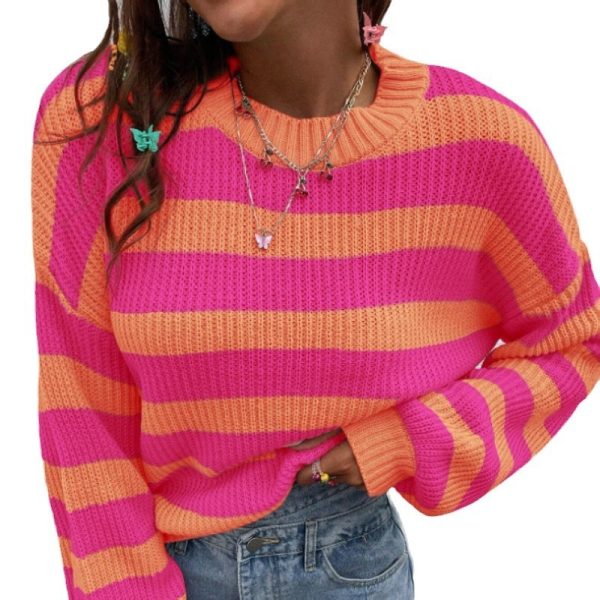 Autumn And Winter New Contrast Color Loose Shoulder Striped Pullover Sweater - Image 5