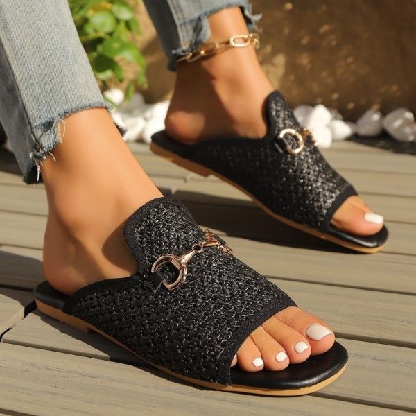 Hollow Square Toe Sandals Summer Fashion Solid Flats Slides Women Beach Shoes - Image 2