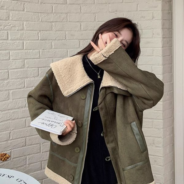 Women's Korean-style Retro Green Suede Lambswool Coat