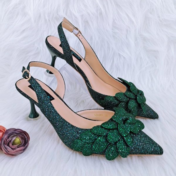 Cross-border Ladies Party Shoes Bag Set Handmade Leaf Decorative Wine Glass Heel - Image 4