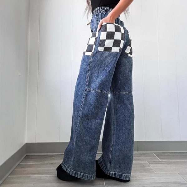 Loose Plaid Contrast Color Women's Denim Trousers - Image 3