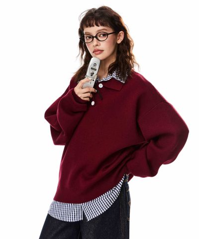 False Two-piece Patchwork Polo Collar Sweater Women’s Loose Sweater