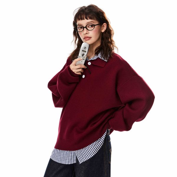 False Two-piece Patchwork Polo Collar Sweater Women's Loose Sweater