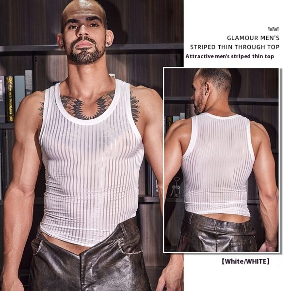 New Men's Cross-strap Vest Striped Thin Transparent High Elastic Skin-friendly Top - Image 7