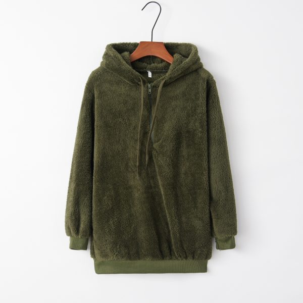 European And American Long Sleeve Hooded Solid Color Women's Fleece Pullover Coat - Image 6