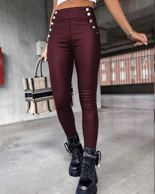 High Waist PU Leather Slim Fit Hip Raise Long Pants - Image 7