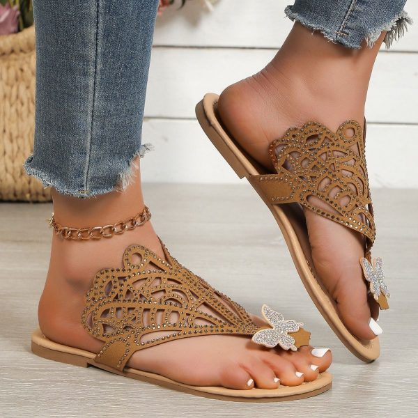 Slip-on Flip-toe Sandals Women's Rhinestone Hollow Flat-heeled Slippers - Image 4