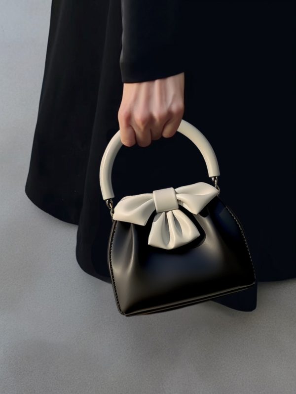 Women's Pleated Handbag Contrast Color Bow Bucket Bag - Image 6