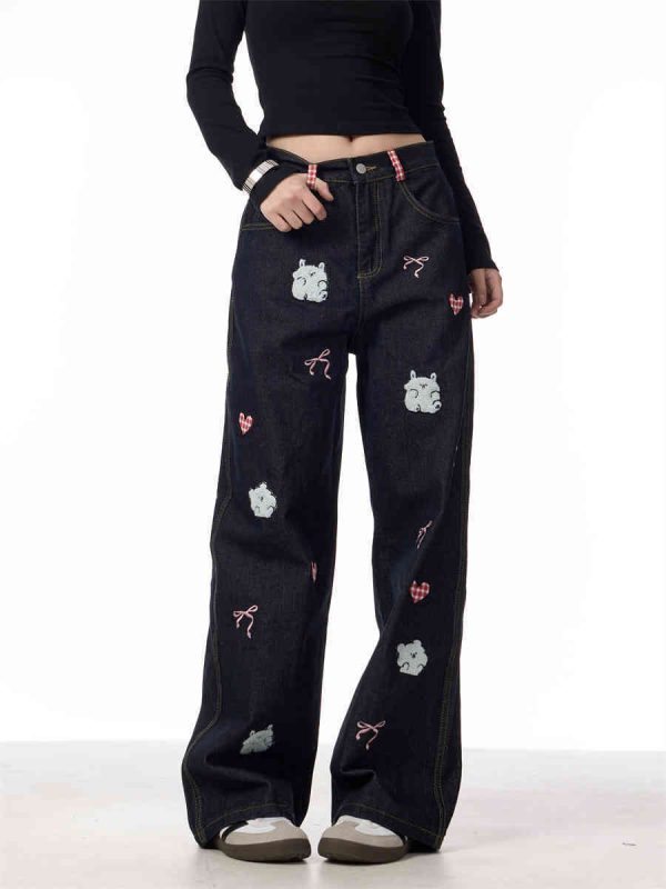 Jeans Female Lamb Embroidery Retro Straight-leg Pants - Image 3