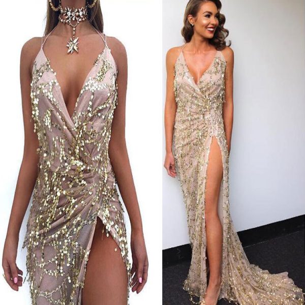 V-neck Sexy Halter Strap Sequin Dress - Image 3