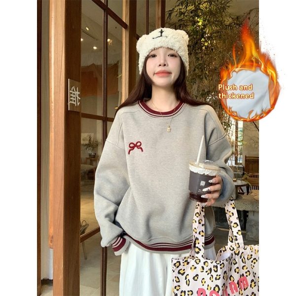 Korean Style Fleece-lined Embroidered Bow Round Neck Sweater For Women - Image 2