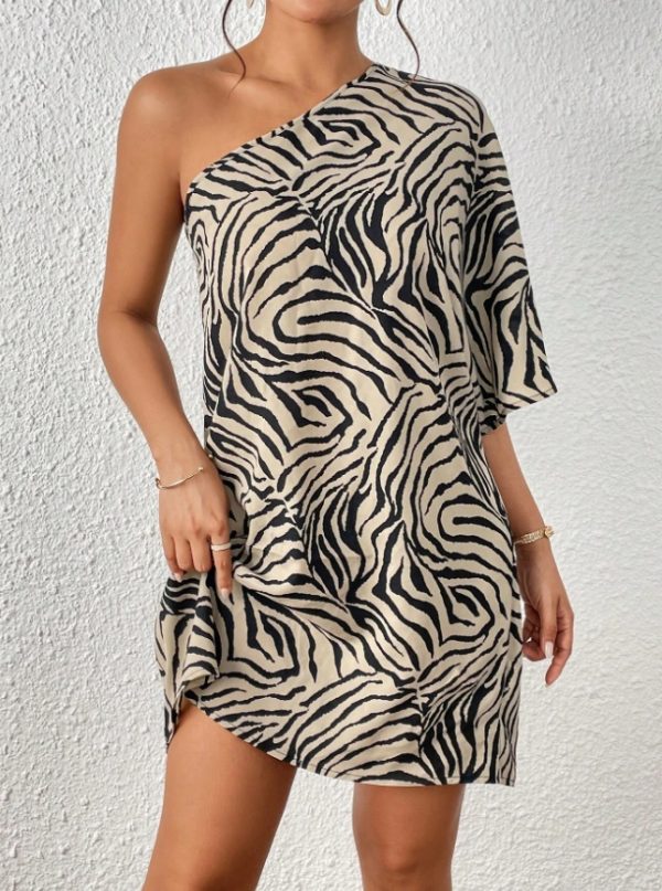 Women's Casual Asymmetrical Collar Zebra Print Vacation Dress - Image 5