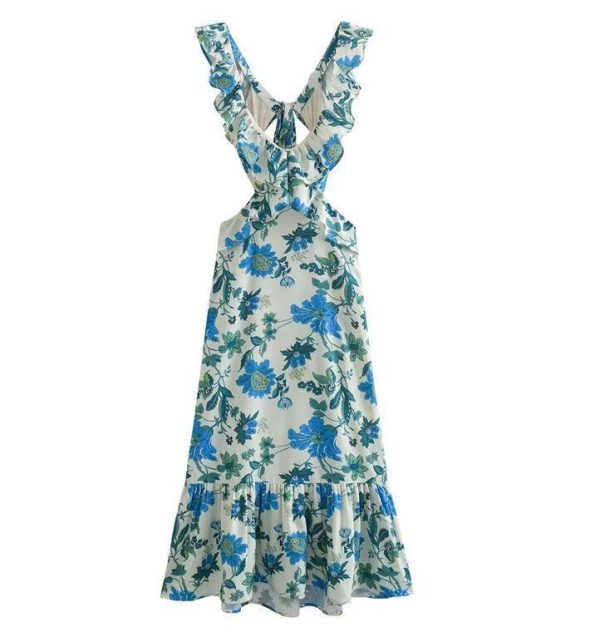 V-neck Flounce Design Backless Print Dress - Image 6