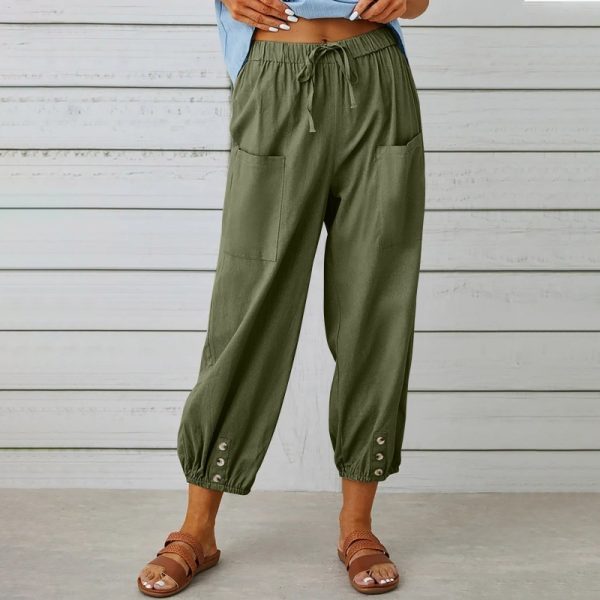 Loose High Waist Button Cotton And Linen Trousers Cropped Pants Wide Leg Women's Pants - Image 9