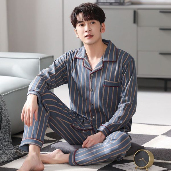 Men's Autumn And Winter Cotton Long-sleeved Trousers Thin Pajamas Loose Home Wear Suit Men - Image 2