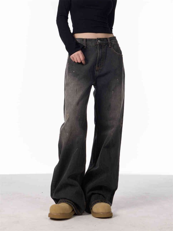 Retro Washed Splash-ink Straight Jeans For Women Loose Straight Trousers - Image 4