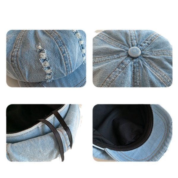 Retro Make Old Ripped Denim Beret Women - Image 5