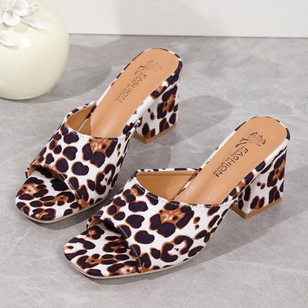 Leopard Square Toe Sandals Summer High-heeled Slippers Chunky Heel Shoes For Women - Image 8