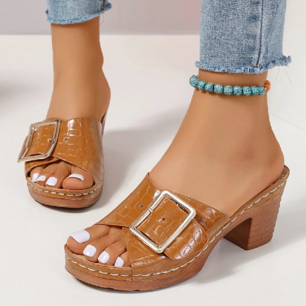 Fashion Crocodile-textured Buckle Sandals Square Chunky Heel Peep-toe Slides Slippers Women Shoes - Image 5